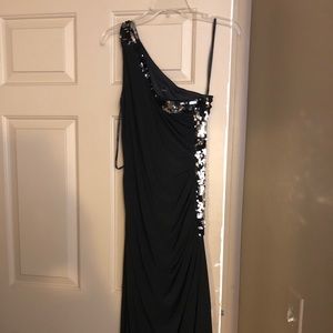 Betsy & Adam One-Shoulder Embellished Gown